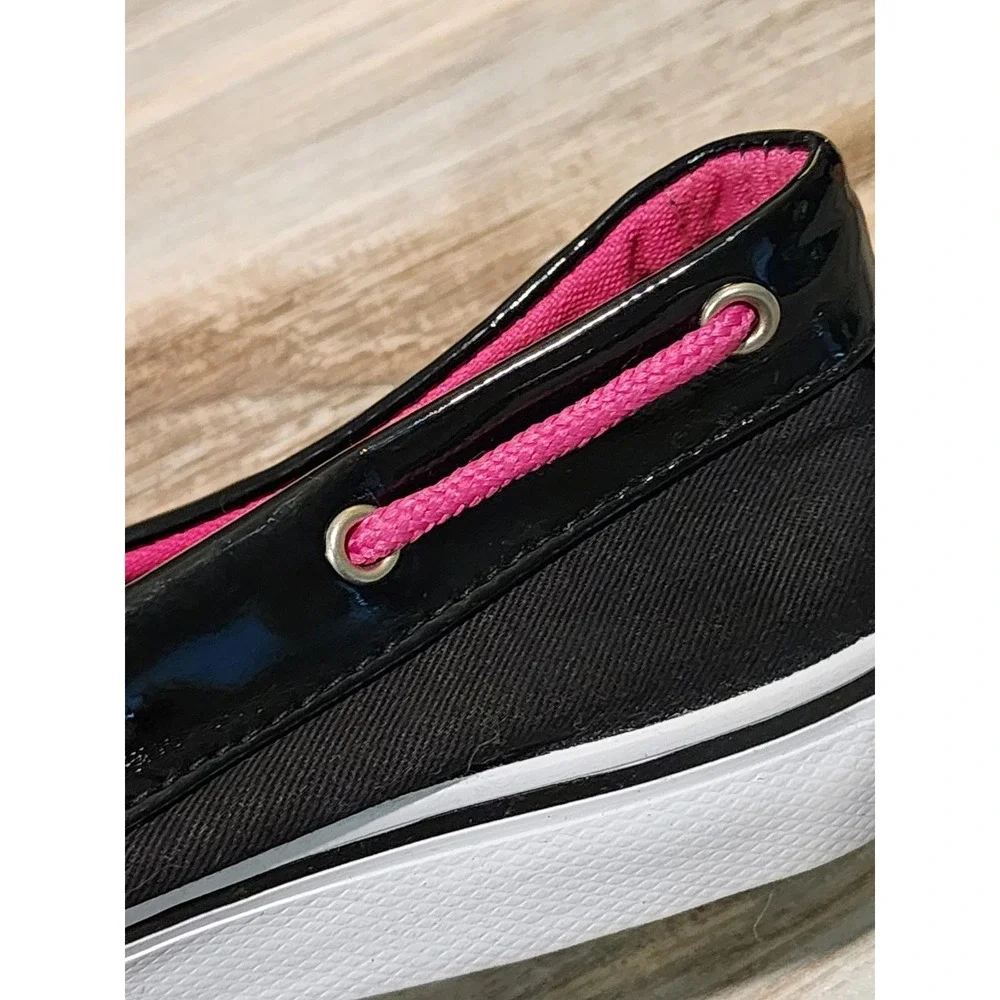 Bluefin Scuttle Mens 7.5 Boat‎ Shoes Black Pink Canvas Patent Trim Deck Shoes